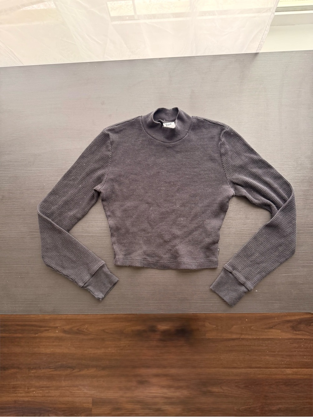 TNA Cropped Mock Neck Sweater Top - Charcoal Gray